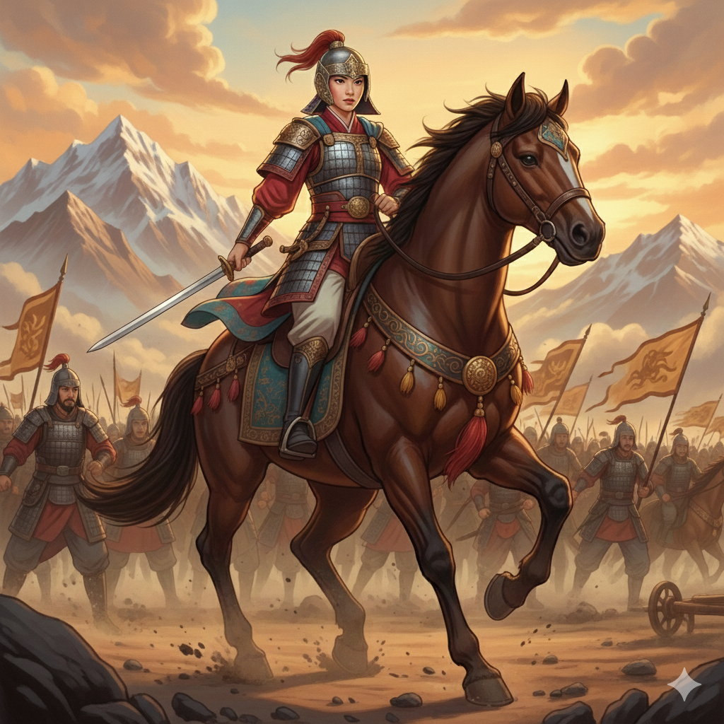 Mulan dressed in armor going to battle